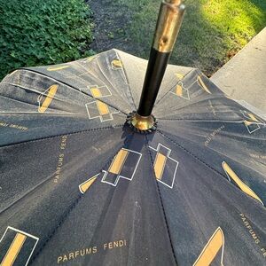 Vintage 1970’s FENDI PARFUMES Full Size Black & Gold Umbrella Parasol